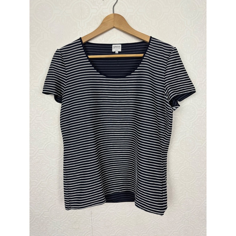 Armani Collezioni Navy Blue White Striped Scoop Neck T-Shirt Size 14 Italy